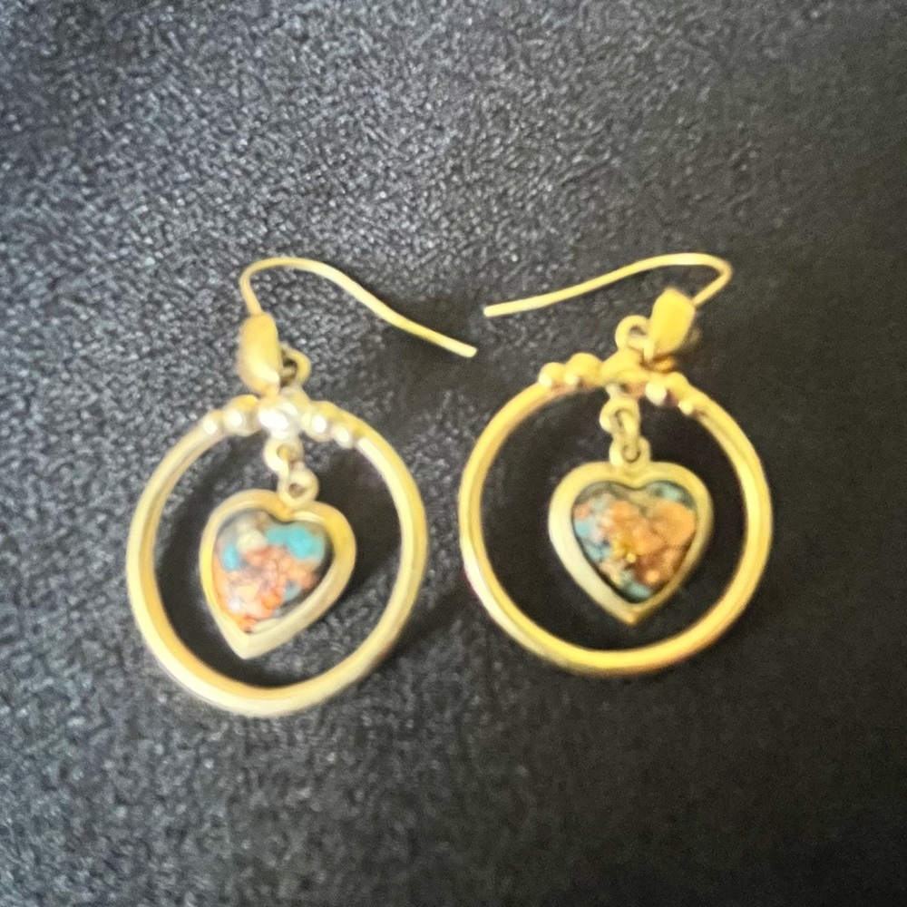 Vintage Gold Tone Heart Turquoise Copper Drop Earrings